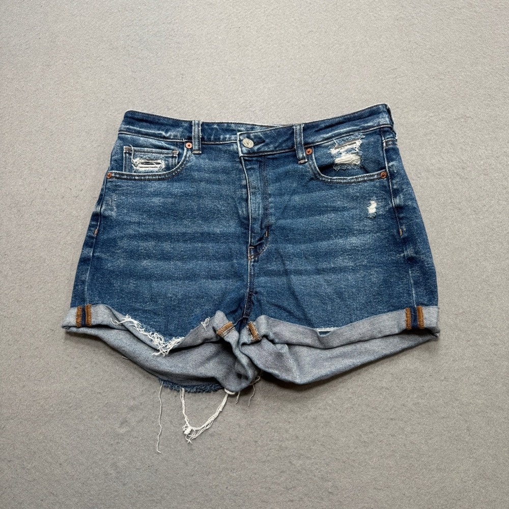 American Eagle Jean Shorts Women's 8 Blue Dark Wash Distressed Stretch High Rise